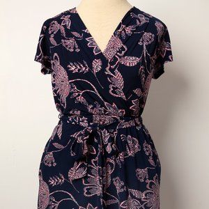 Banana Republic Navy & Pink Floral Faux Wrap Dress